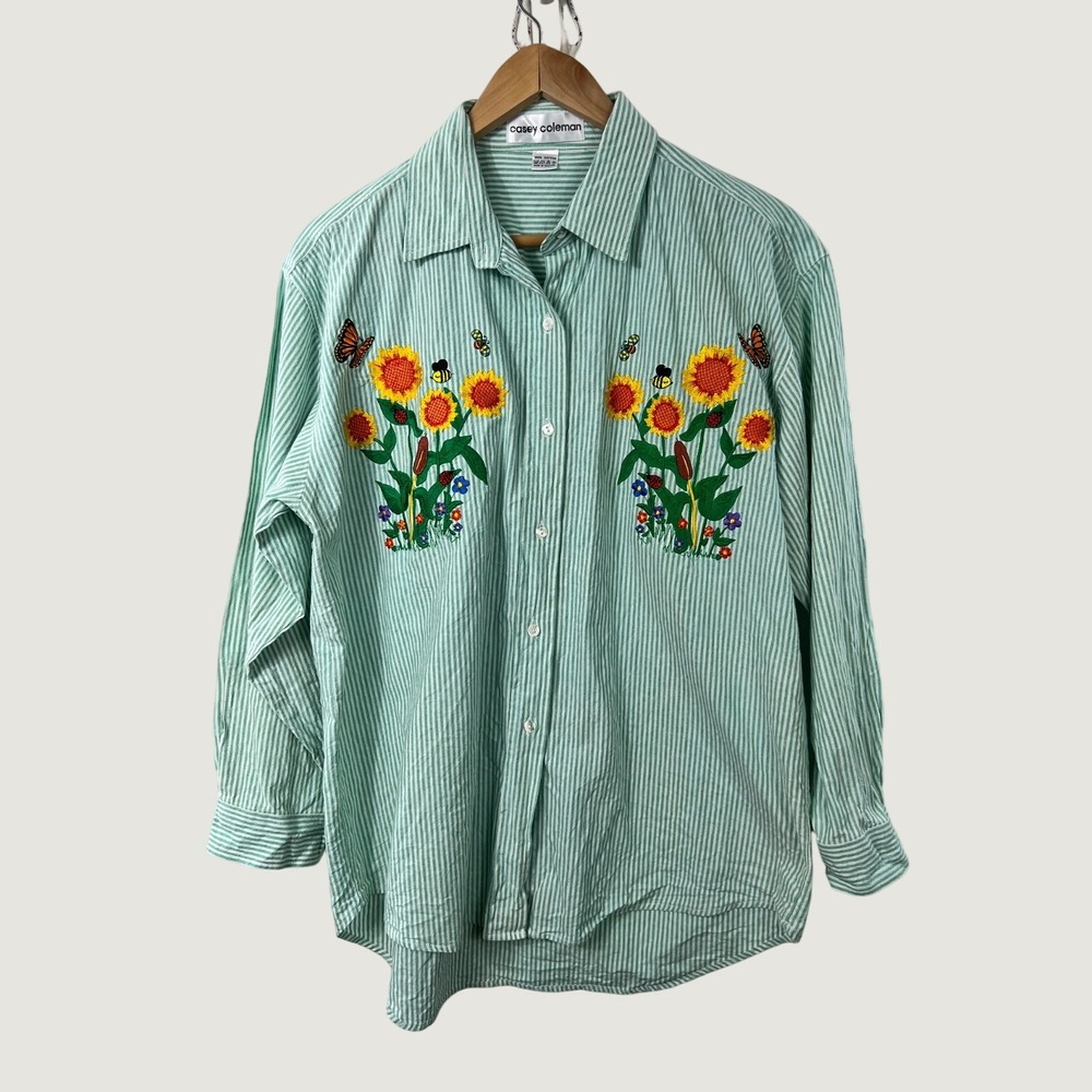 Casey Coleman Shirt XL Green Stripe Sunflower Embroidered Button Down Vintage